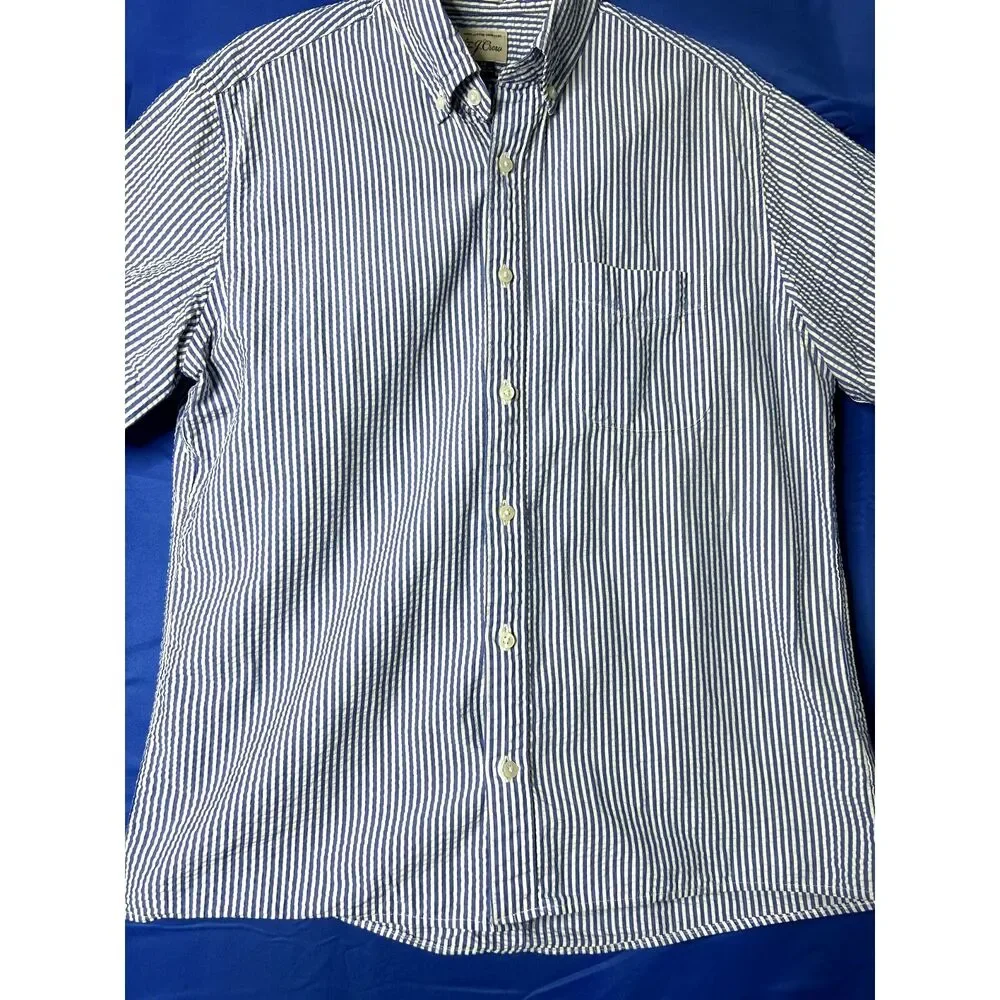J. Crew Mens Blue Striped Shirt Sz M Seersucker Nautical Coastal Preppy Cotton